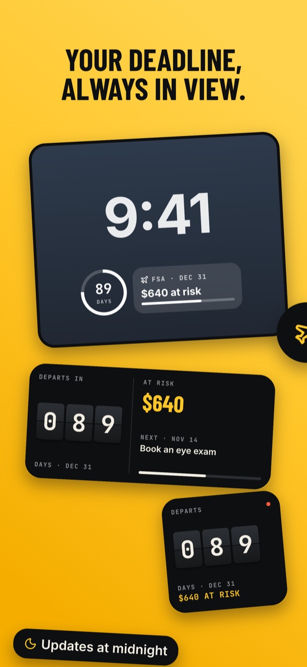 Tallydown Lock Screen and Home Screen widgets counting down the days to the FSA deadline and the money at risk.