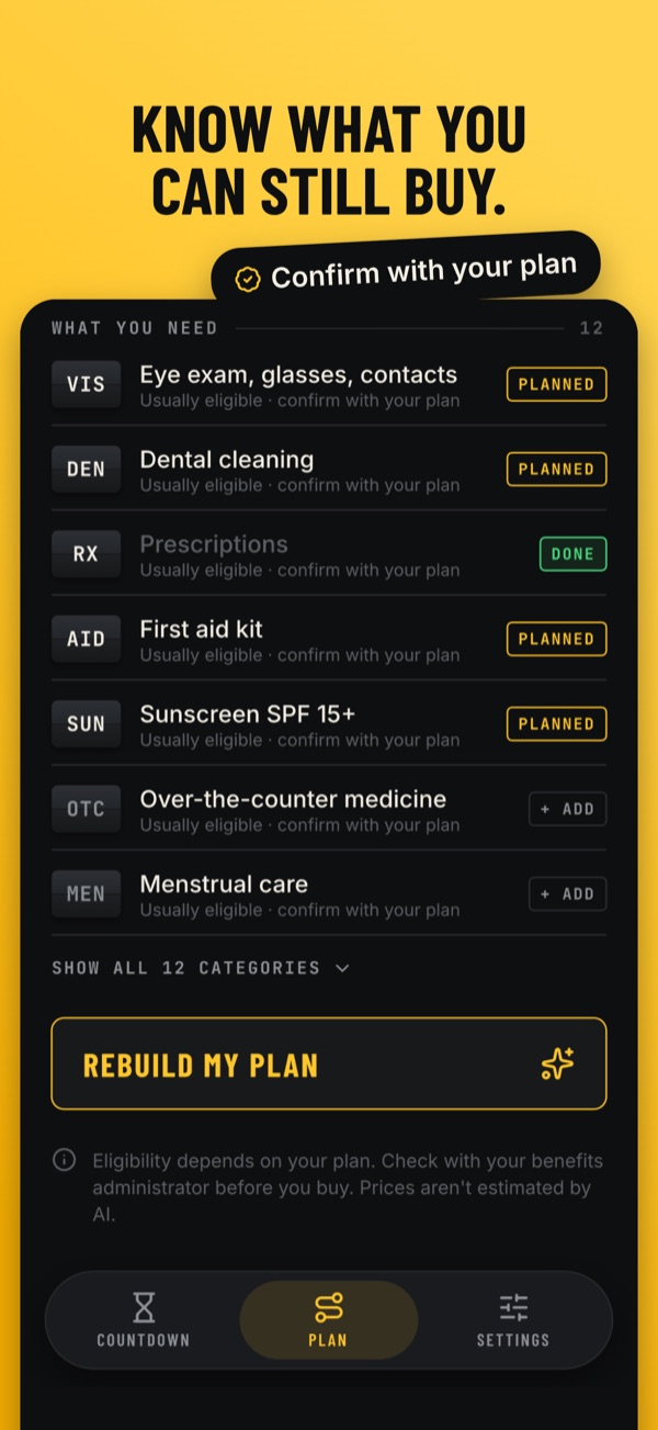 Checklist of commonly FSA-eligible categories such as vision, dental, prescriptions, first aid, sunscreen and over-the-counter medicine.