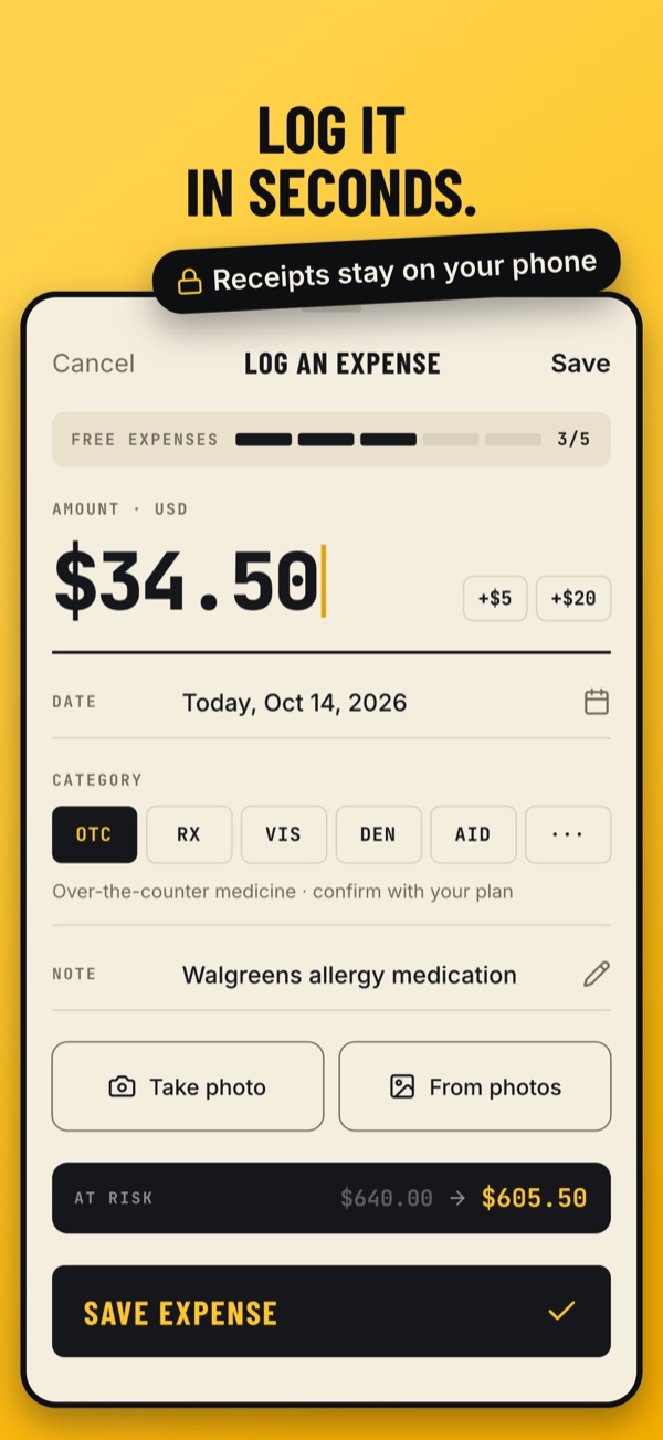 Logging an FSA expense with its amount, category and a receipt photo.